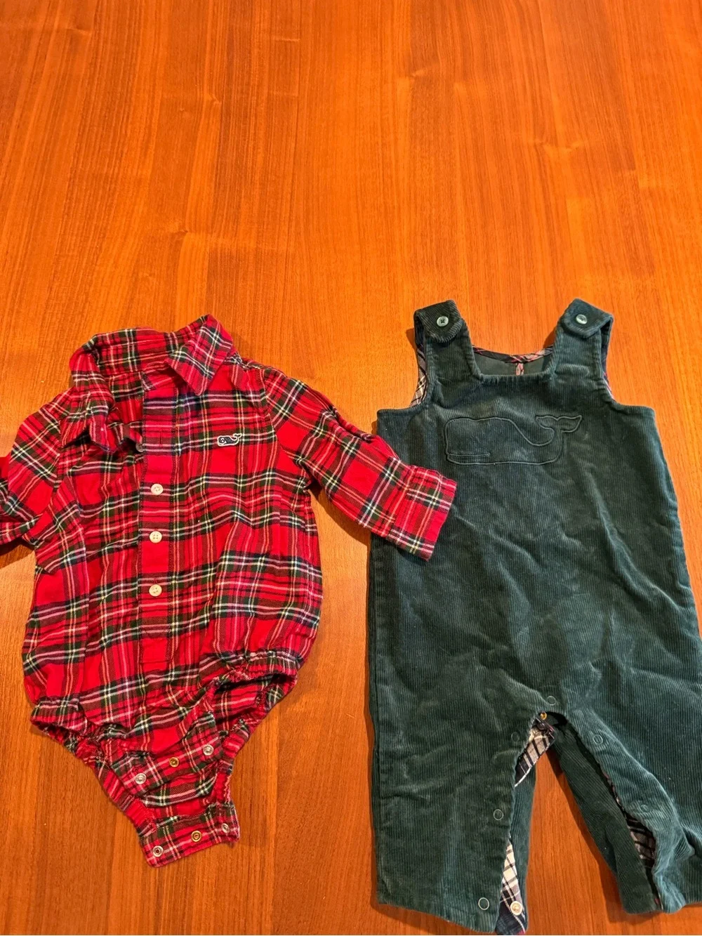 Red Plaid Baby Button-Front Bodysuit & Dark Green Corduroy Whale Overalls Set